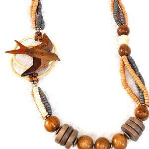 Vintage Wood Inlay / Mosaic Floating Bird Beaded Necklace